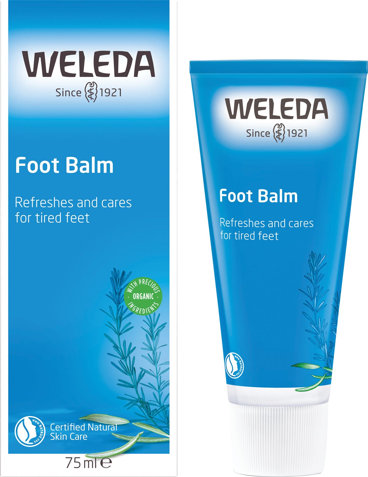 Weleda Foot Balm 75ml tube and product box featuring botanical illustrations on a white background.