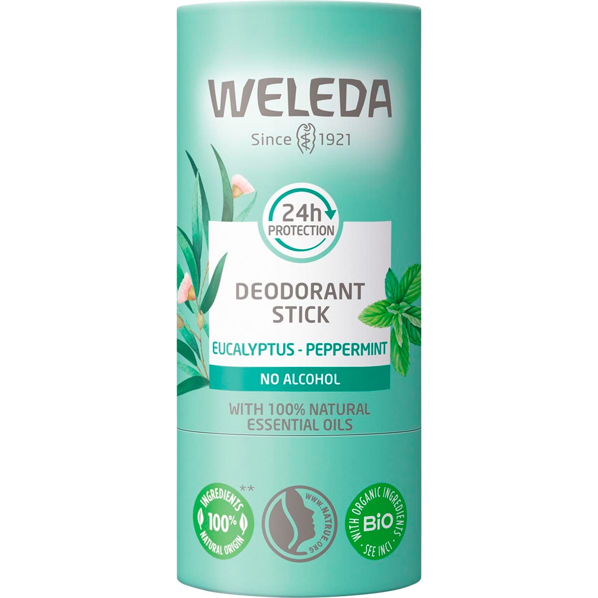 Weleda Eucalyptus-Peppermint deodorant stick 50g in a white and green cardboard tube on a white background.