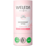 Weleda Sensitive Deodorant Stick 50g in a white and blue cardboard tube with a white cap on a white background.