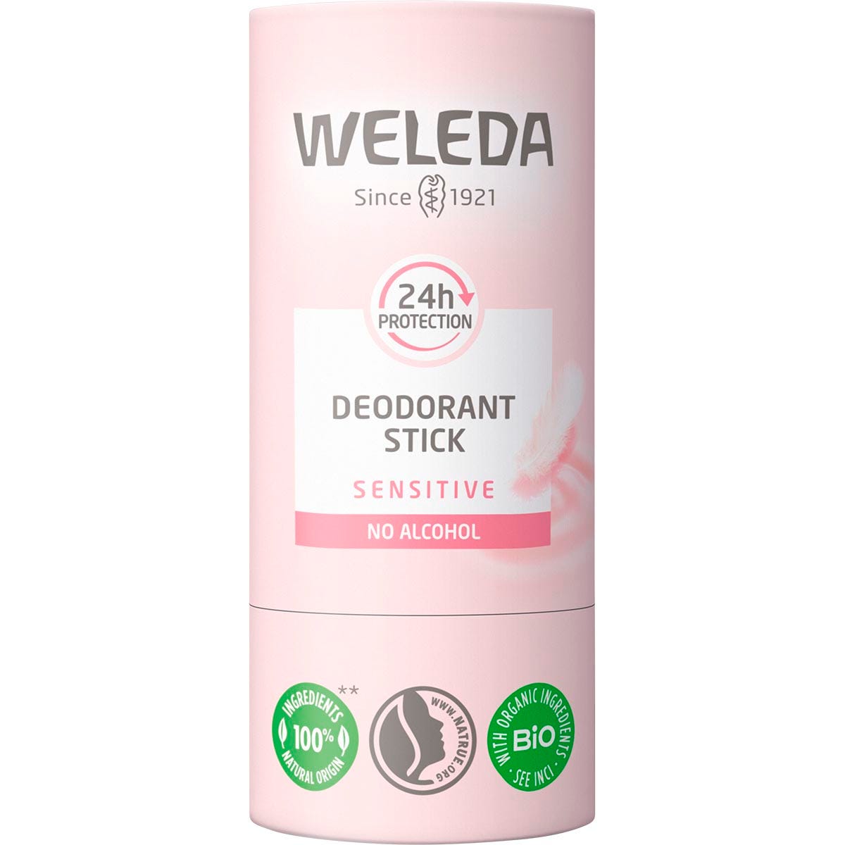 Weleda Sensitive Deodorant Stick 50g in a white and blue cardboard tube with a white cap on a white background.