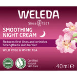 Front of Weleda Smoothing Night Cream 40ml box with wild rose and white tea illustrations on a white background.