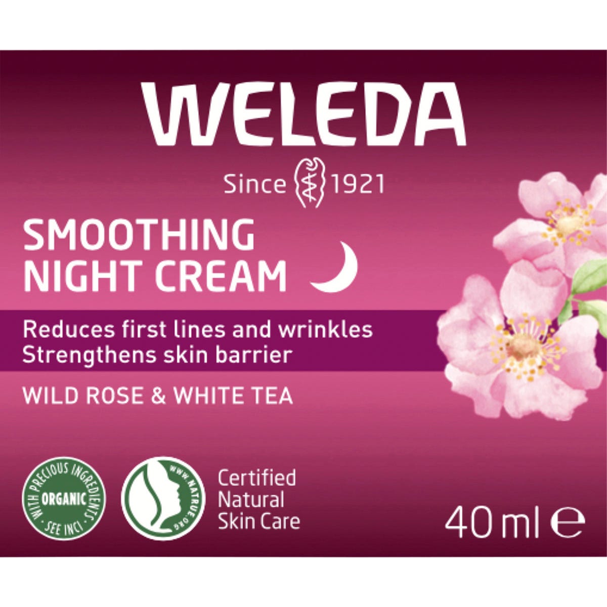 Front of Weleda Smoothing Night Cream 40ml box with wild rose and white tea illustrations on a white background.