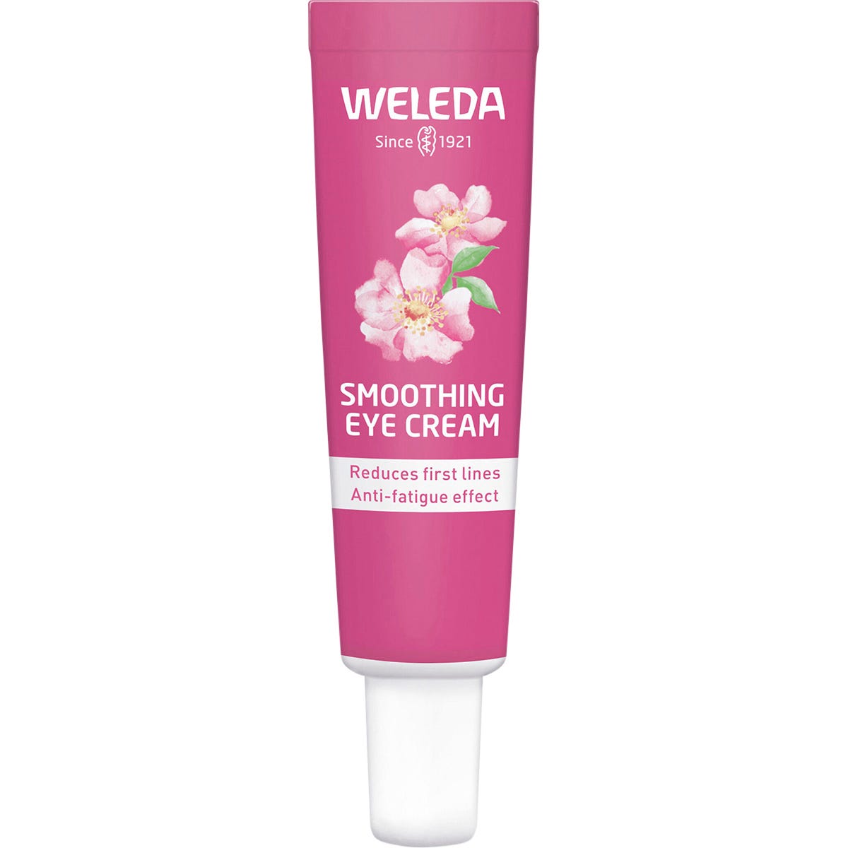 A 10ml tube of Weleda Smoothing Eye Cream with Wild Rose and White Tea on a white background.