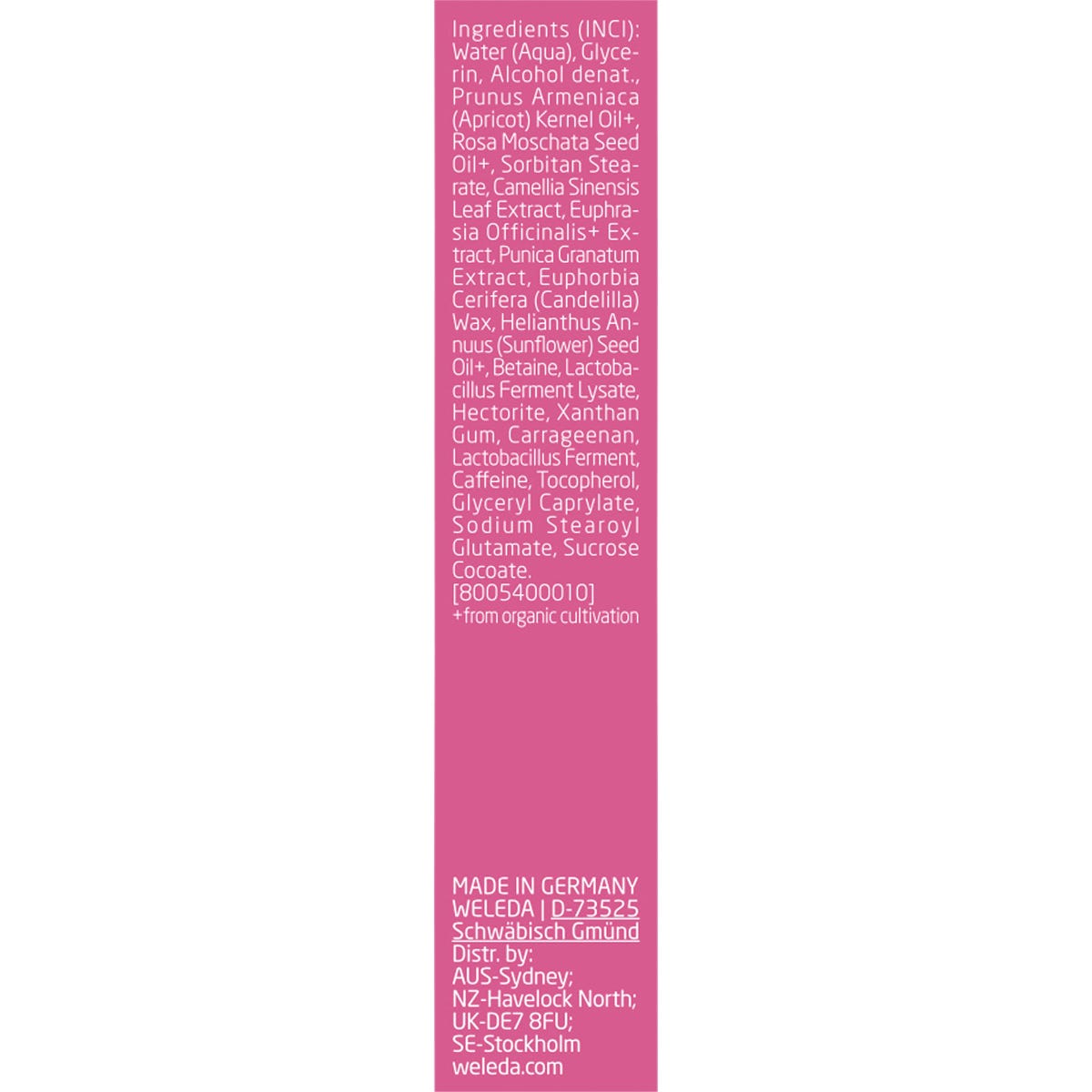 Back of Weleda Smoothing Eye Cream box showing ingredients and product information on a white background.