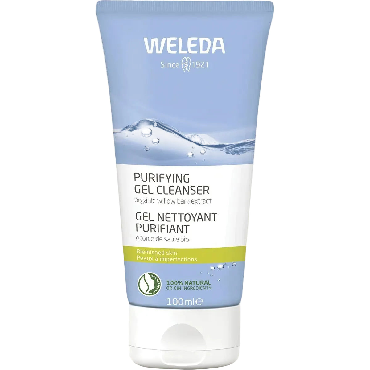Weleda purifying gel cleanser tube on a beige background