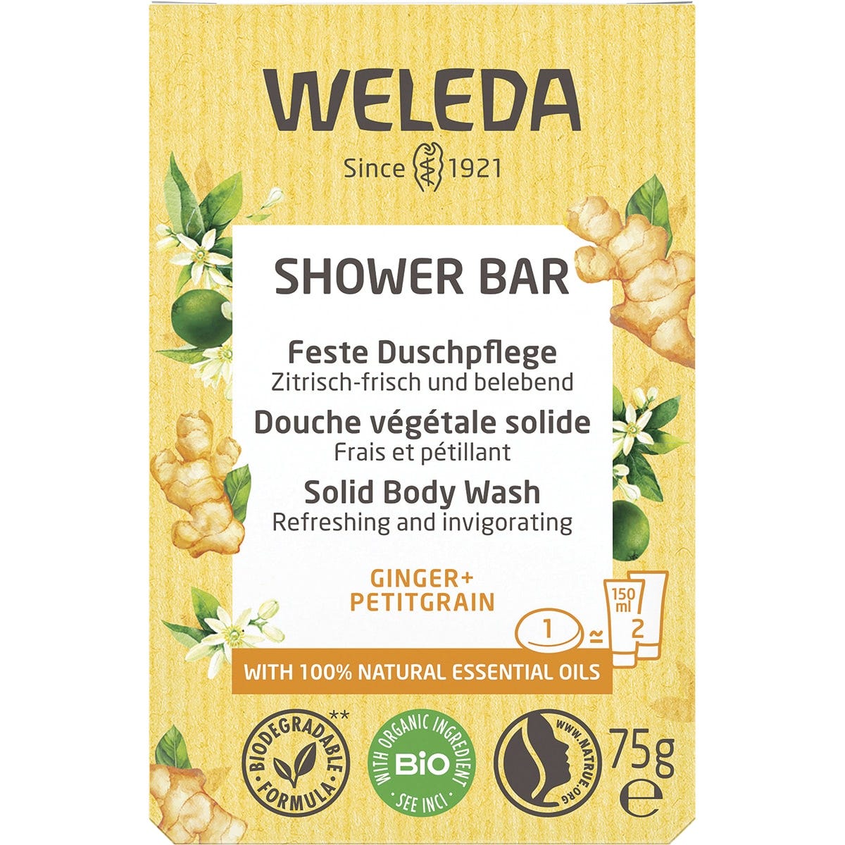 Weleda Ginger and Petitgrain Shower Bar 75g in a green and white box with illustrations of ginger and orange leaves.