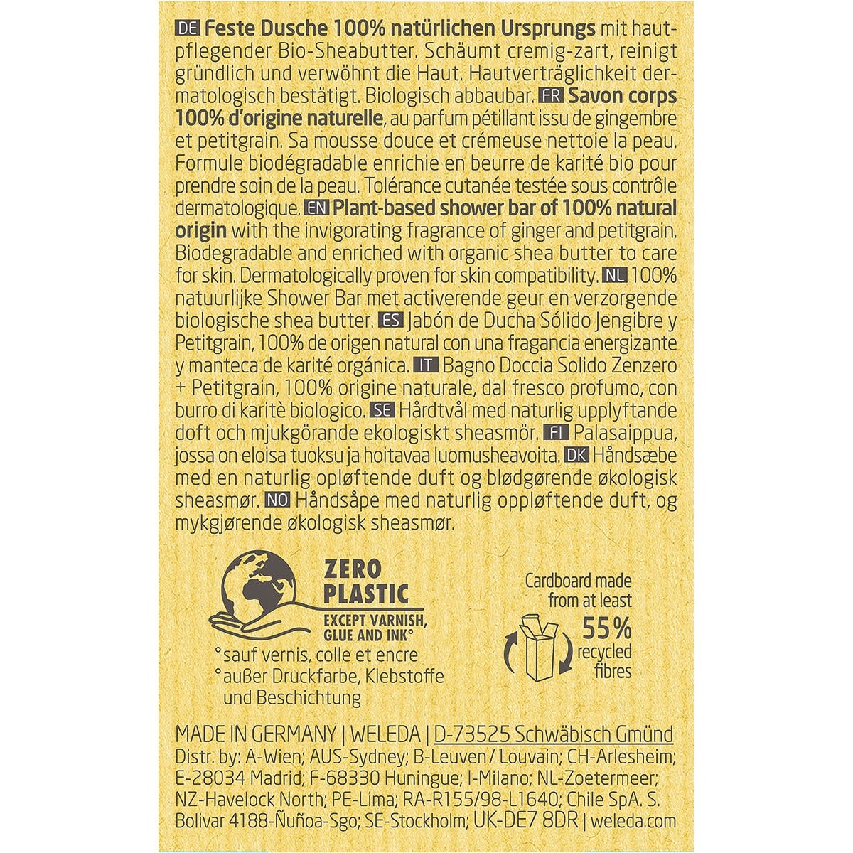 Back of Weleda Ginger and Petitgrain Shower Bar box with ingredients, usage directions, and natural certifications.