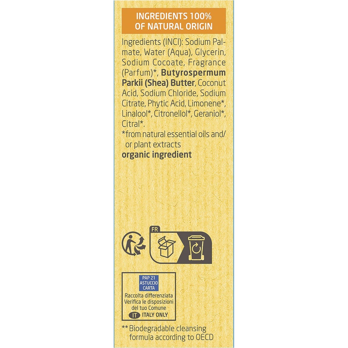 Side view of a Weleda Ginger and Petitgrain Shower Bar box highlighting its natural and vegan certifications.