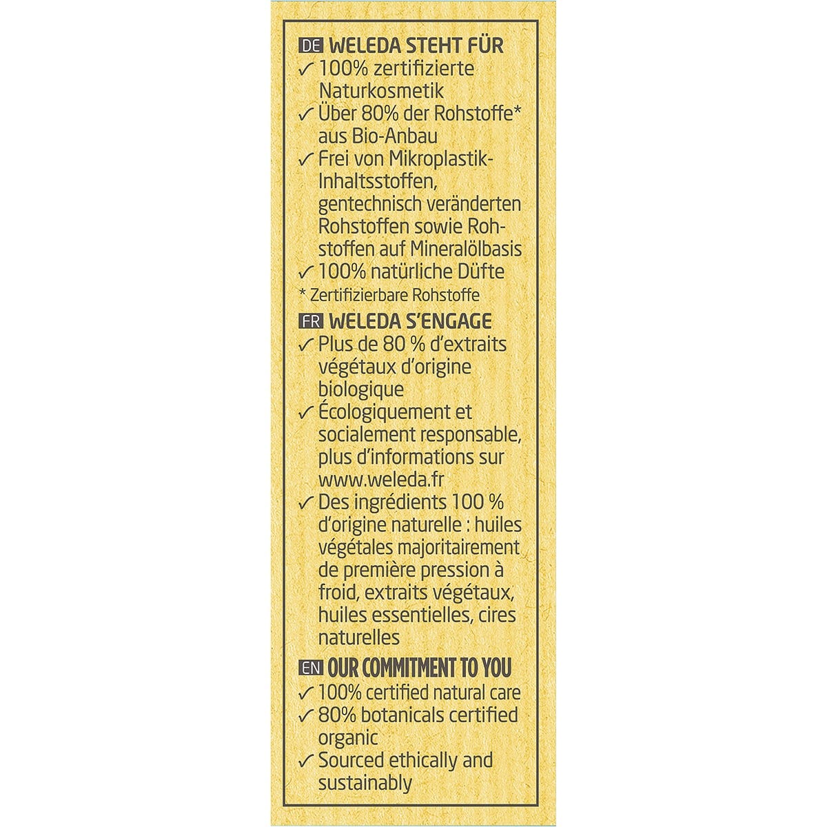 Right side of Weleda Ginger & Petitgrain Shower Bar box showing 100% natural and plastic-free packaging details.