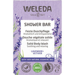 Weleda Shower Bar Lavender and Vetiver 75g in purple cardboard packaging with botanical illustrations.