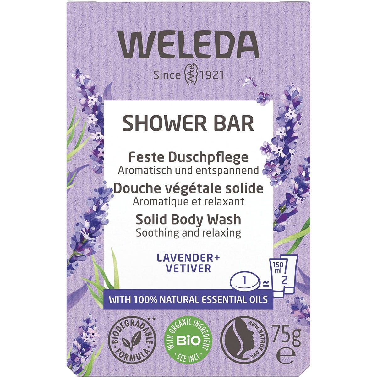 Weleda Shower Bar Lavender and Vetiver 75g in purple cardboard packaging with botanical illustrations.
