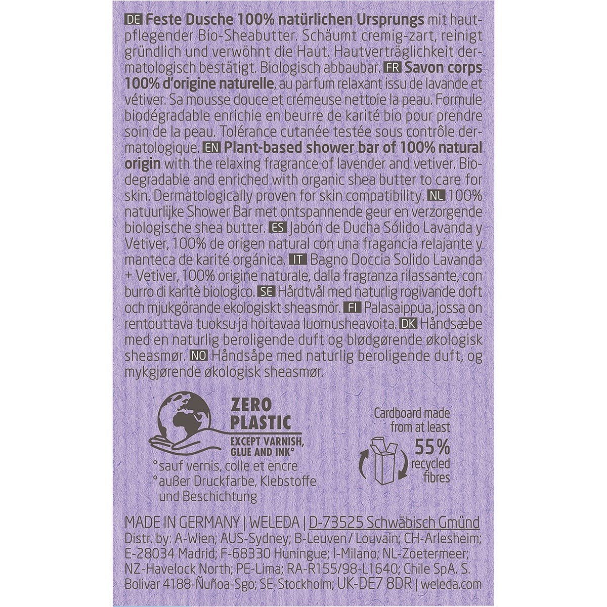 Back of Weleda Shower Bar Lavender & Vetiver 75g box with ingredients, usage, and sustainability facts.