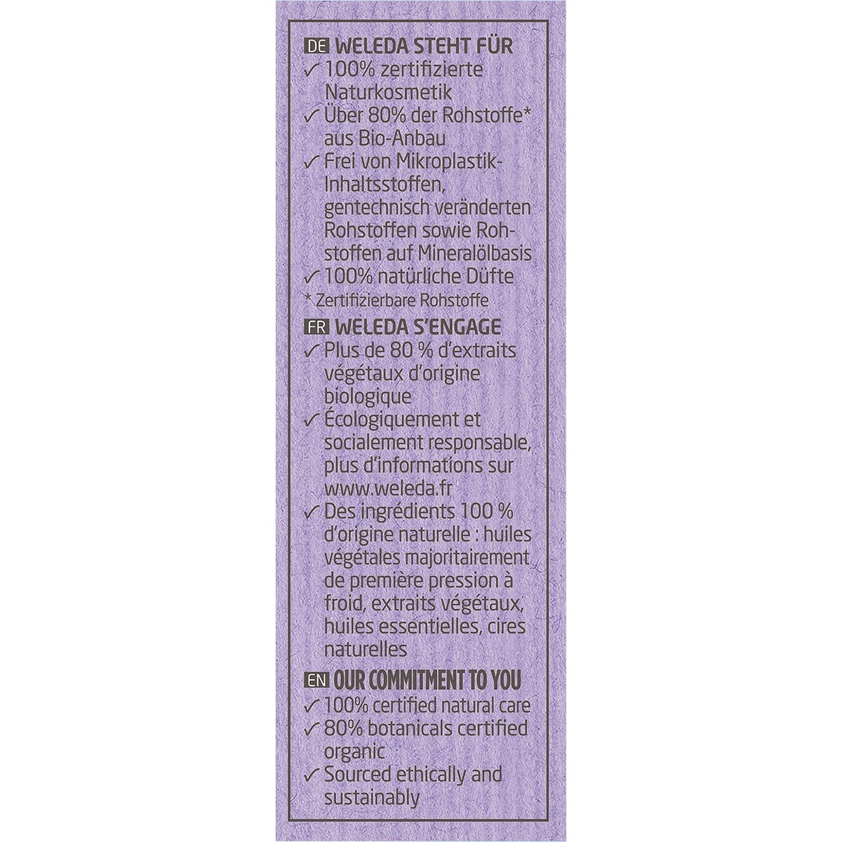 Right side of Weleda Lavender and Vetiver Shower Bar box showing 100% natural, vegan, and biodegradable logos.