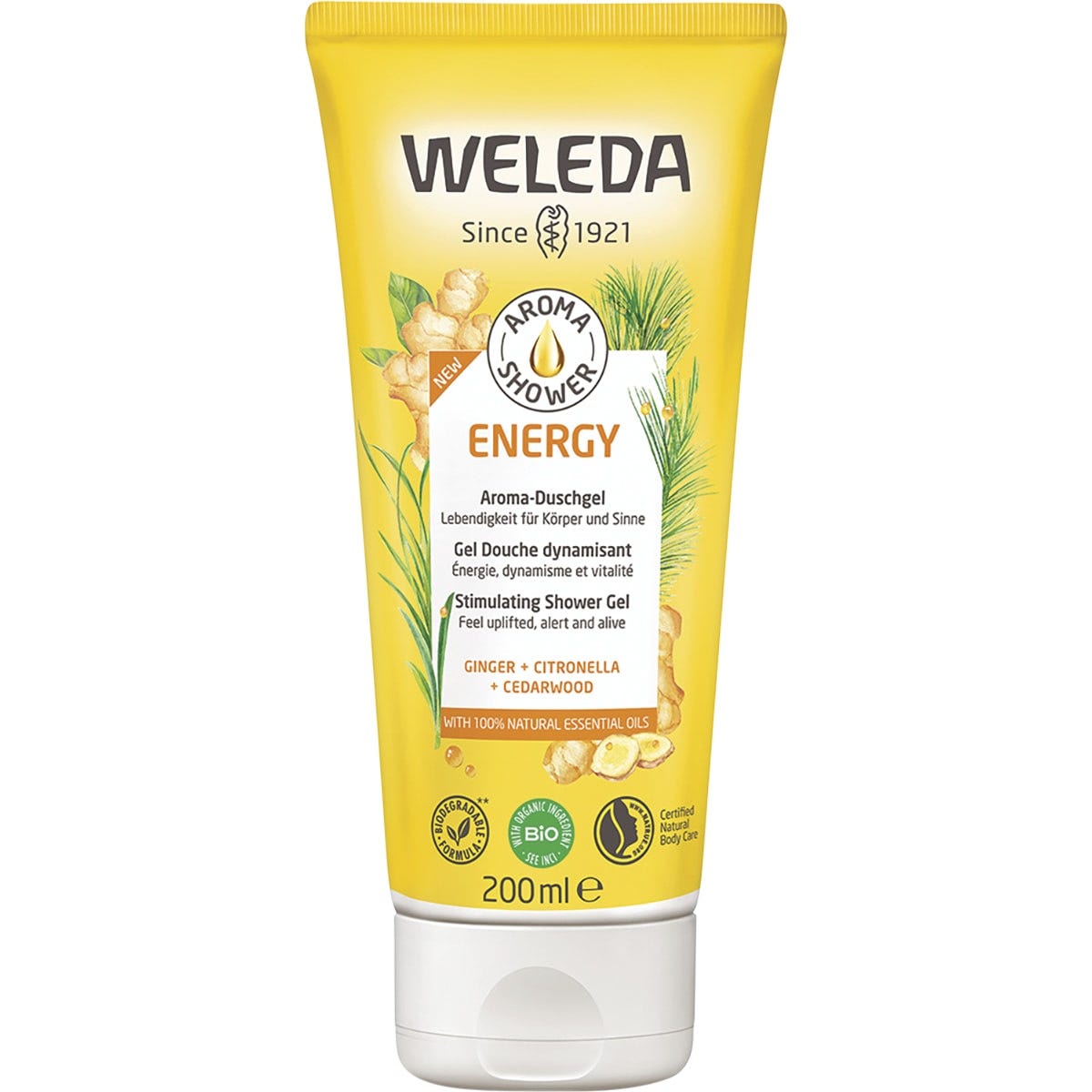 200ml tube of Weleda Aroma Shower Gel Energy with ginger, citronella, and cedarwood on a white background.