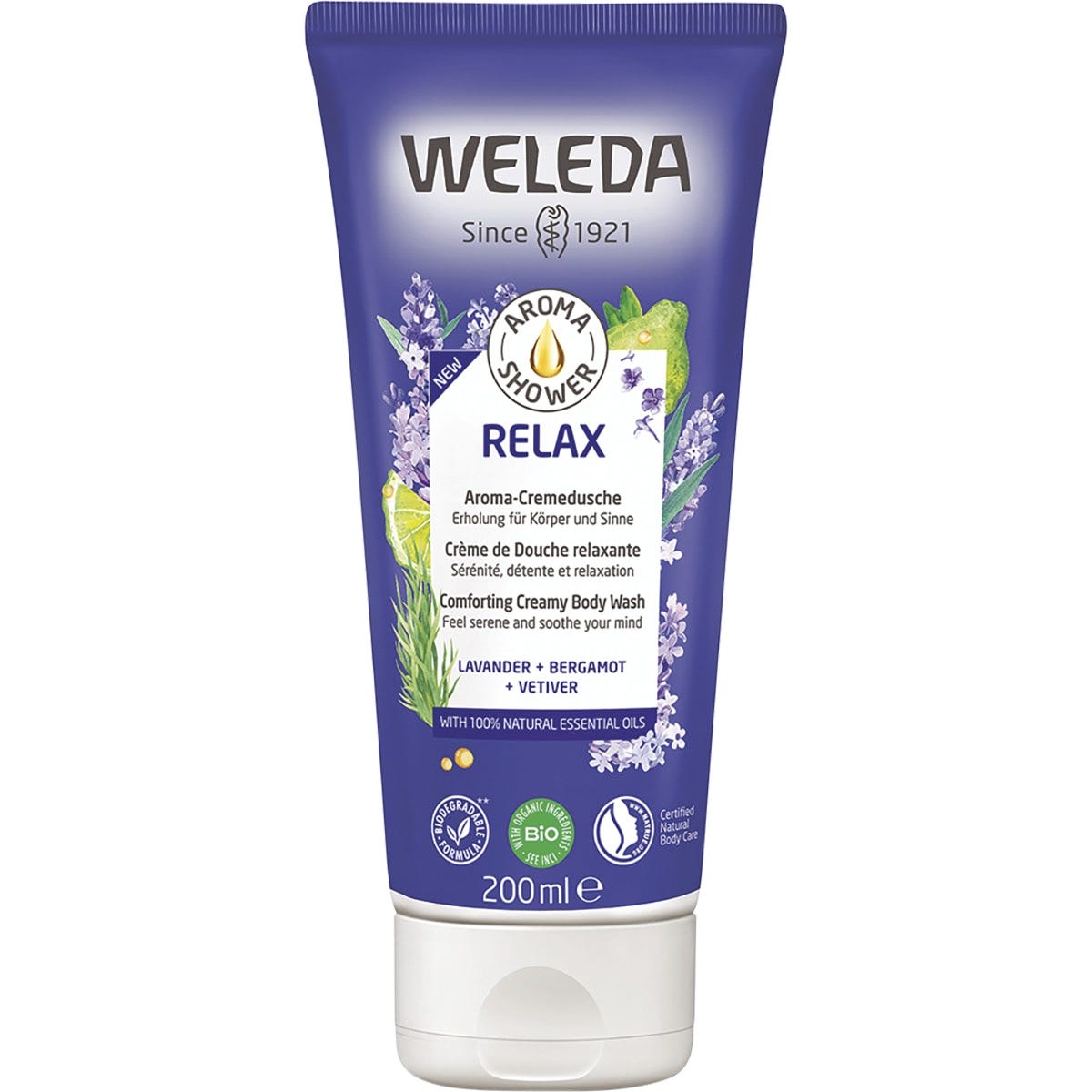 Weleda Aroma Shower Relax Body Wash 200ml tube with lavender, bergamot, and vetiver on a white background.