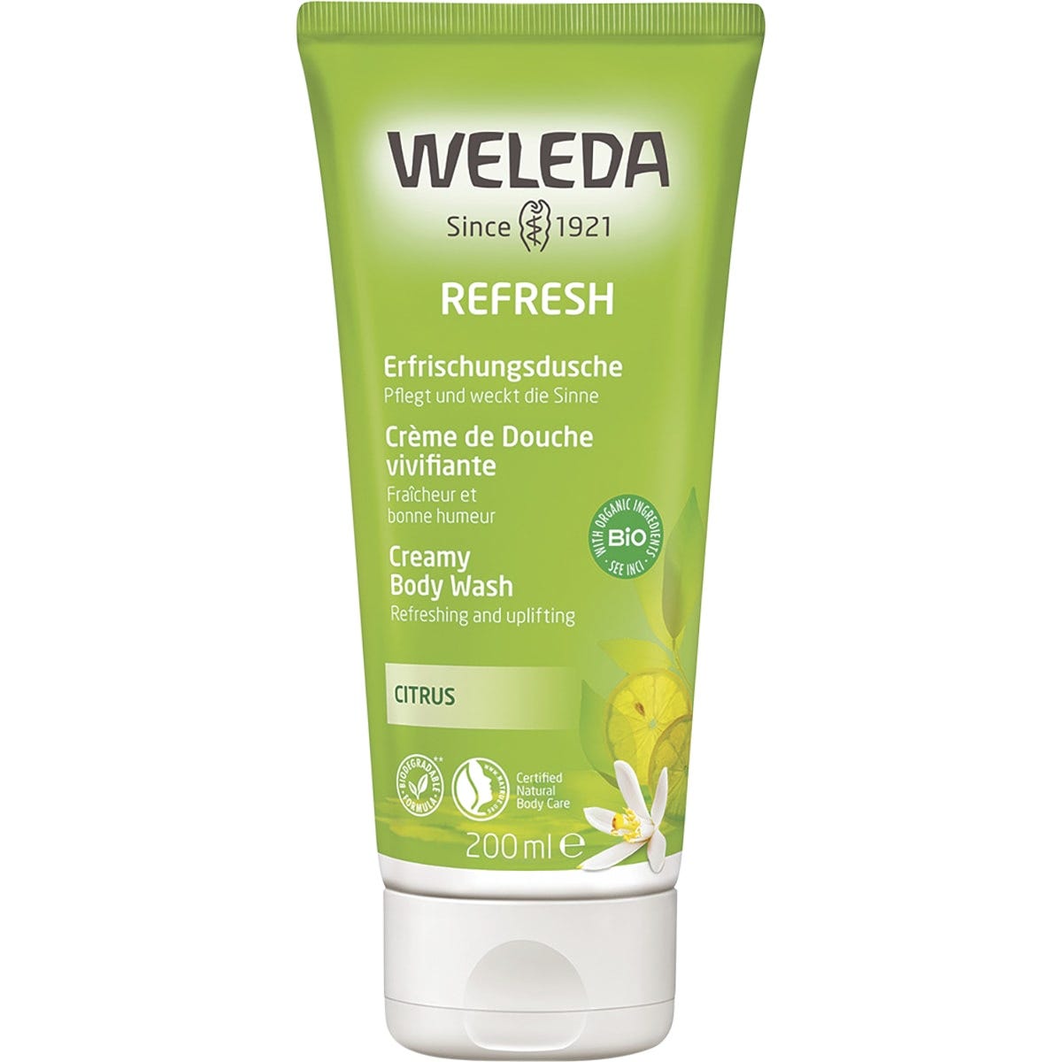 200ml tube of Weleda Refresh Creamy Body Wash Citrus with organic lemon peel oil and botanical illustrations.