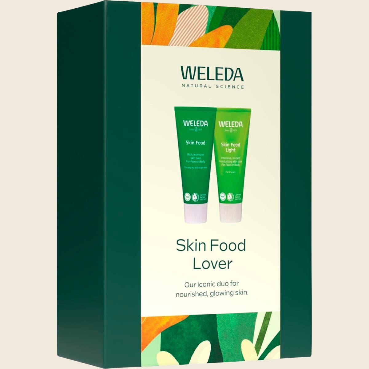 Two 75ml green tubes of Weleda Skin Food Original ultra-rich cream for dry and rough skin on a white background.