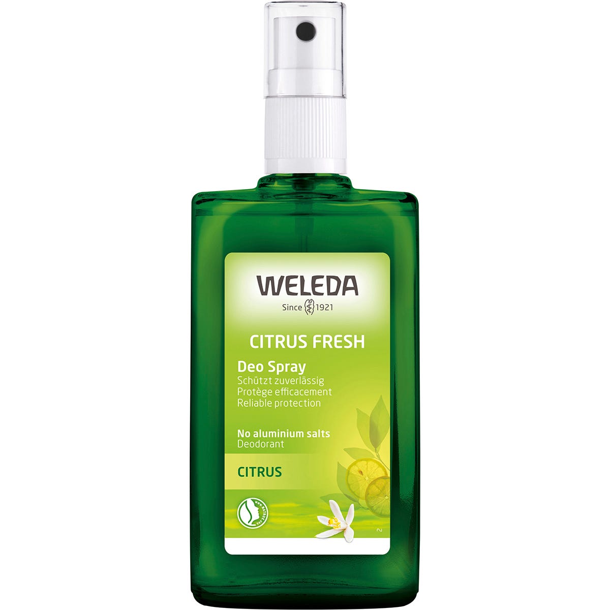 100ml glass bottle of Weleda Citrus Deo Spray with a yellow label and pump nozzle on a white background.