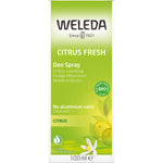 Front of a Weleda Citrus 24h Deodorant Spray box with a yellow label and lemon illustrations on a white background.