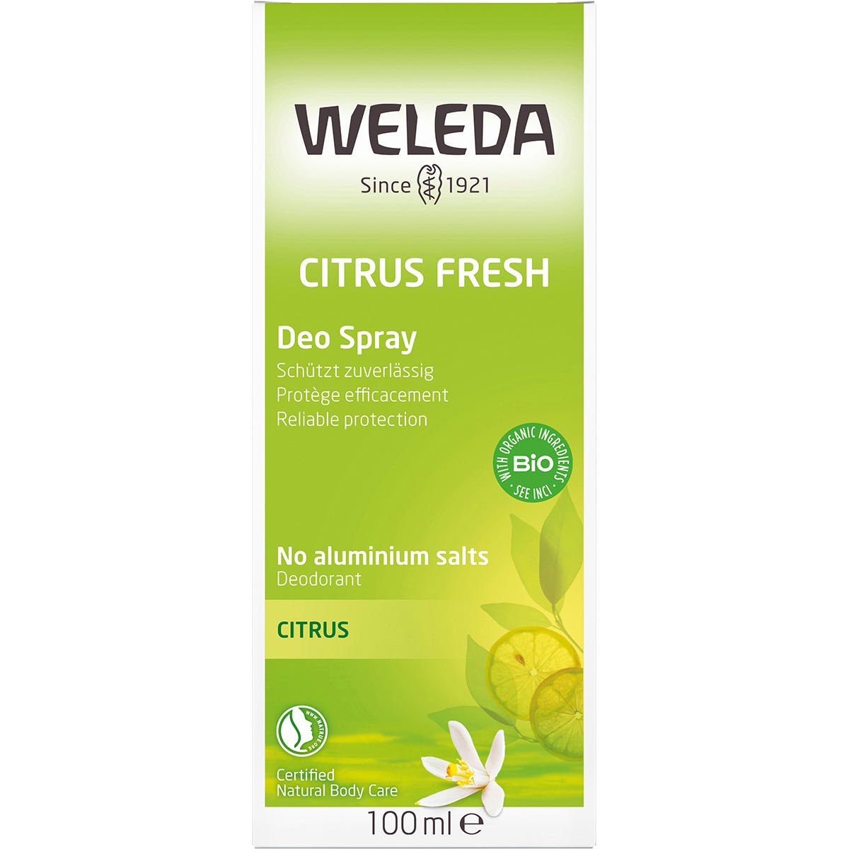 Front of a Weleda Citrus 24h Deodorant Spray box with a yellow label and lemon illustrations on a white background.