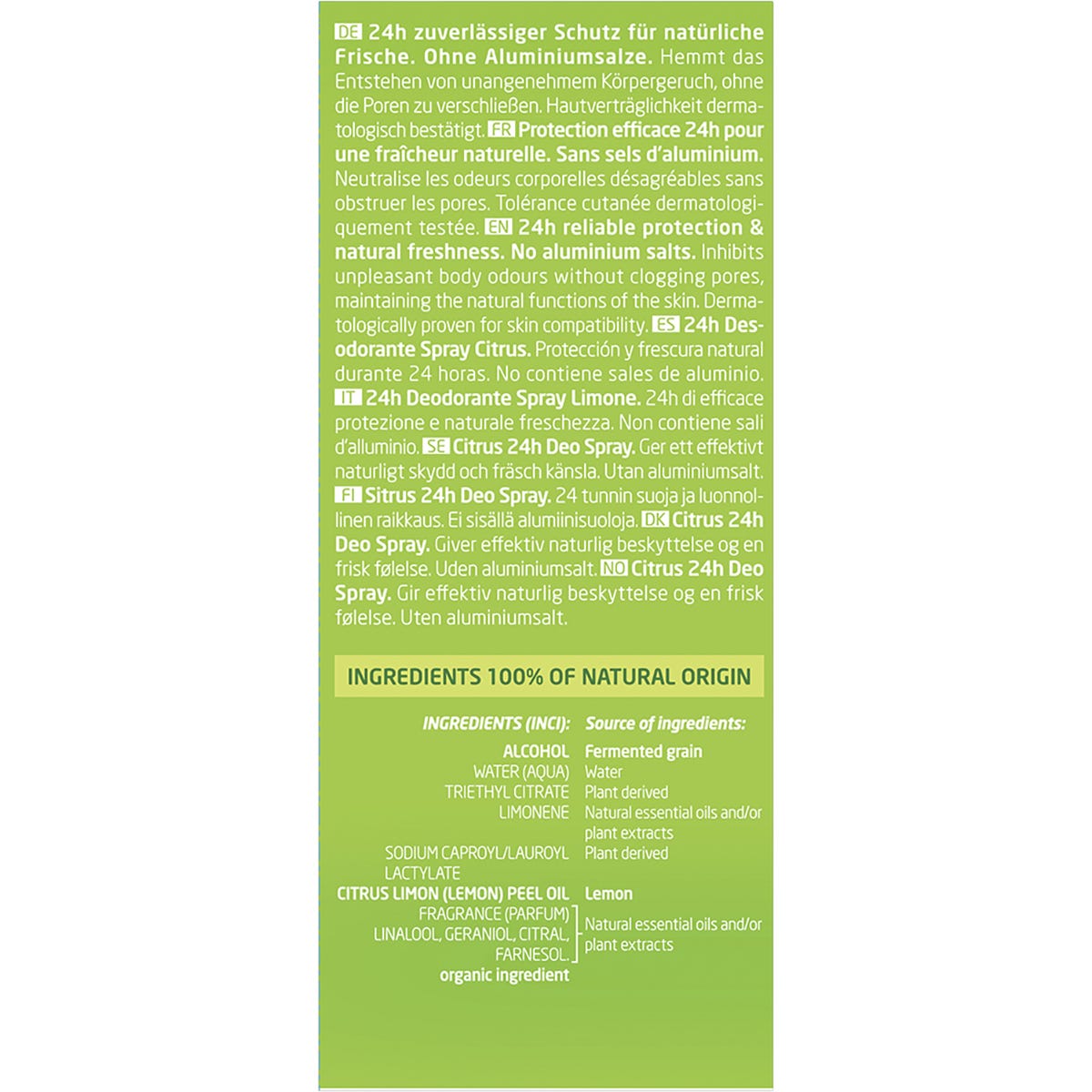 Back of Weleda Citrus Deodorant box showing product benefits, usage directions, and full ingredient list.