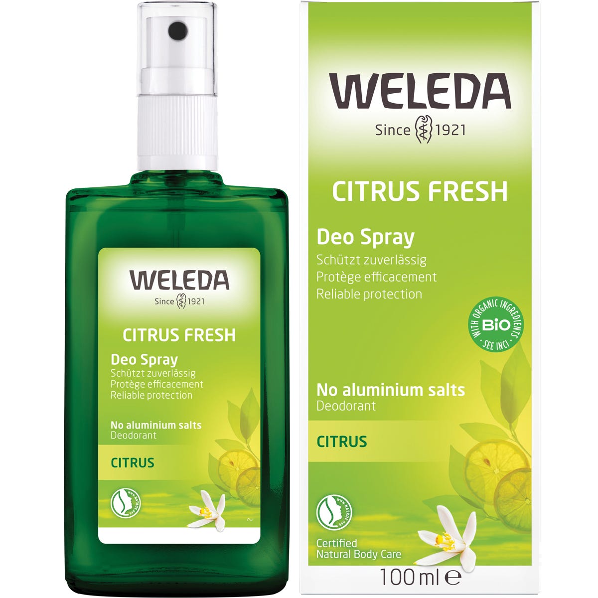 100ml glass bottle and box of Weleda Citrus Deo Spray, a natural aluminium-free deodorant with lemon and orange oils.