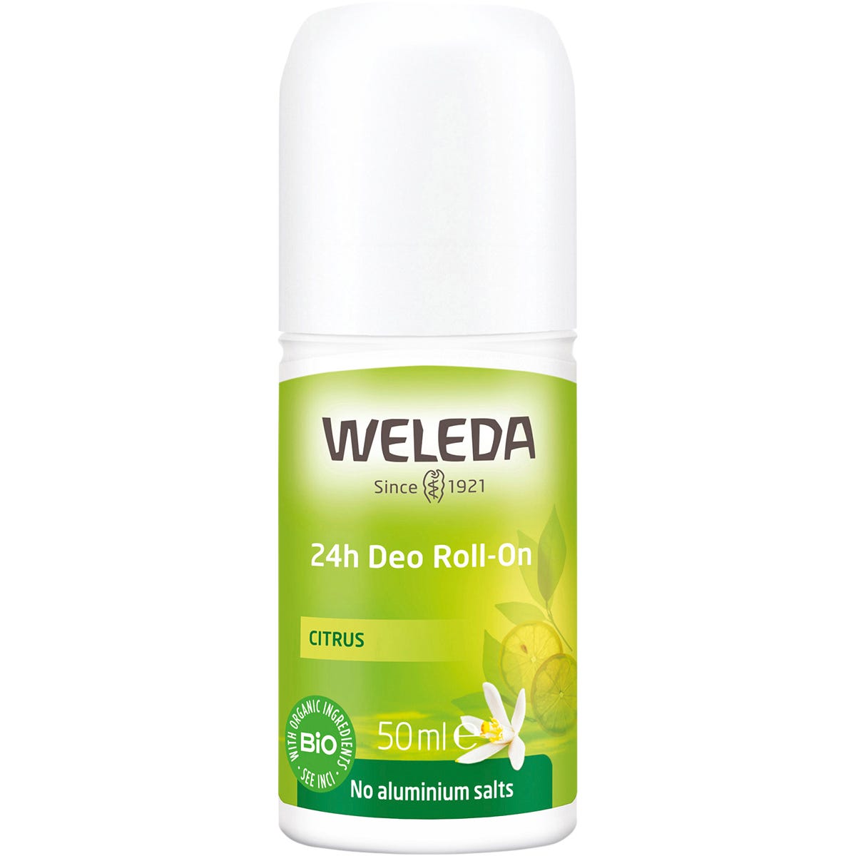 Weleda 24h Citrus Roll-On Deodorant in a 50ml white bottle with a yellow label and a green cap.