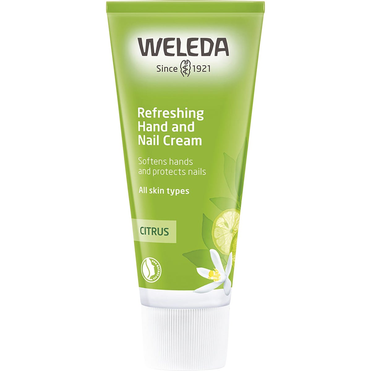 50ml tube of Weleda Refreshing Citrus Hand and Nail Cream on a white background.