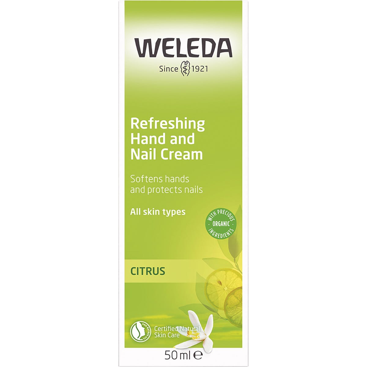 Front of a Weleda Refreshing Citrus Hand and Nail Cream box with lemon illustrations on a white background.