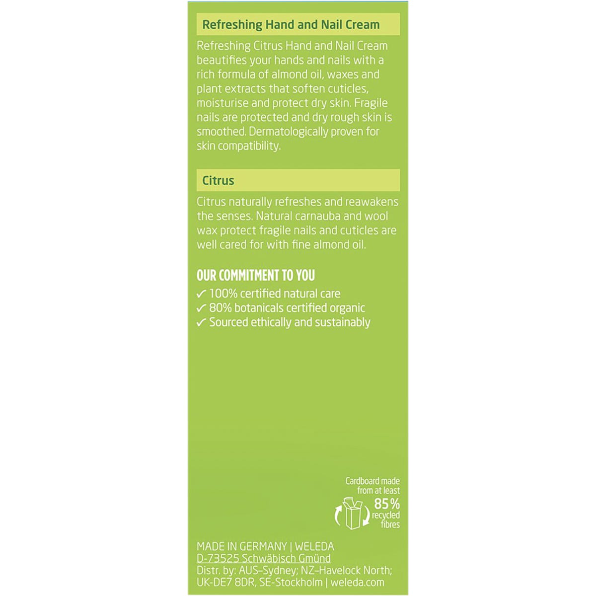 Back of Weleda Citrus Hand and Nail Cream box with product benefits, ingredients, and NaTrue certification.