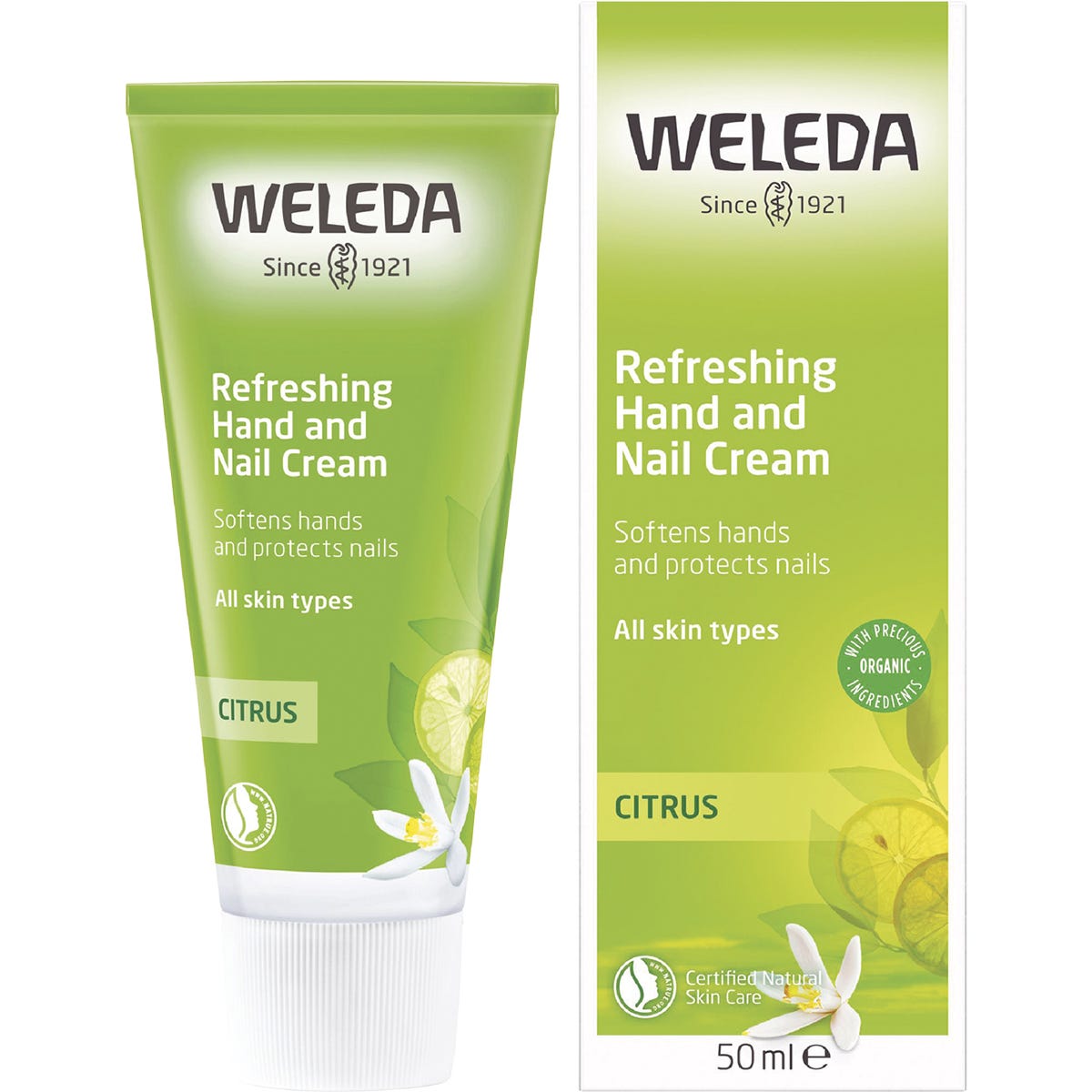 Weleda Refreshing Hand and Nail Cream tube and box with organic citrus and sunflower oil for dry skin care.