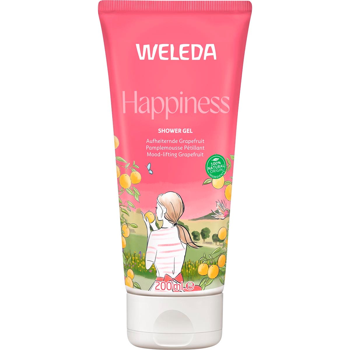 Weleda Happiness Grapefruit Shower Gel 200ml tube with citrus illustrations and a bright yellow label.