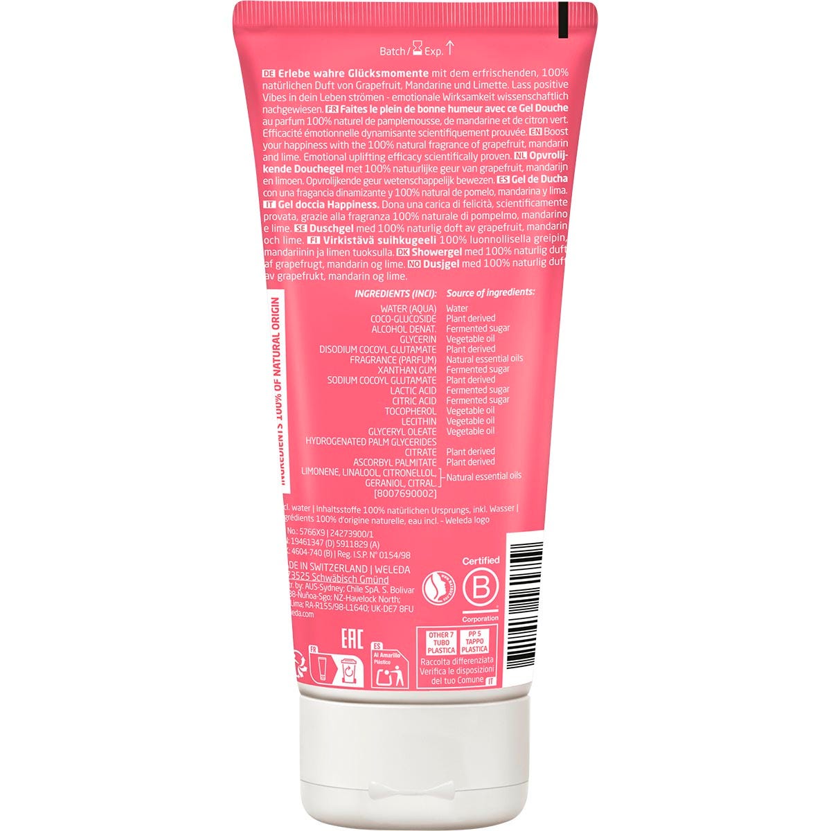 Back of Weleda Happiness Shower Gel tube with ingredients, usage directions, and certified natural labeling.
