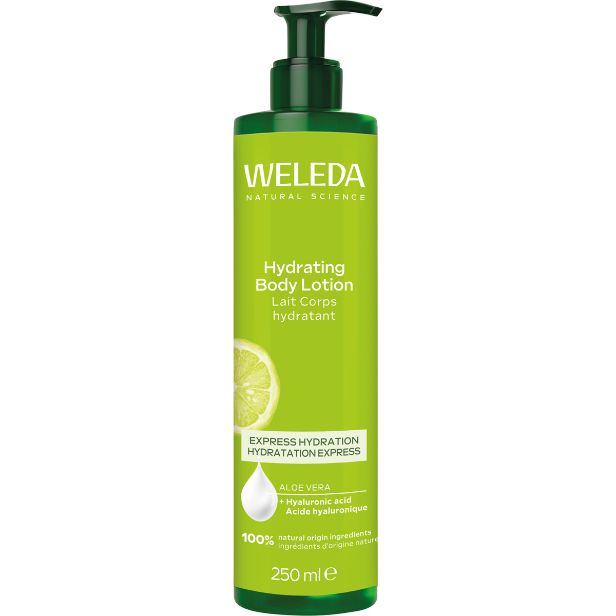 250ml bottle of Weleda Hydrating Body Lotion with Aloe Vera and hyaluronic acid for normal skin.