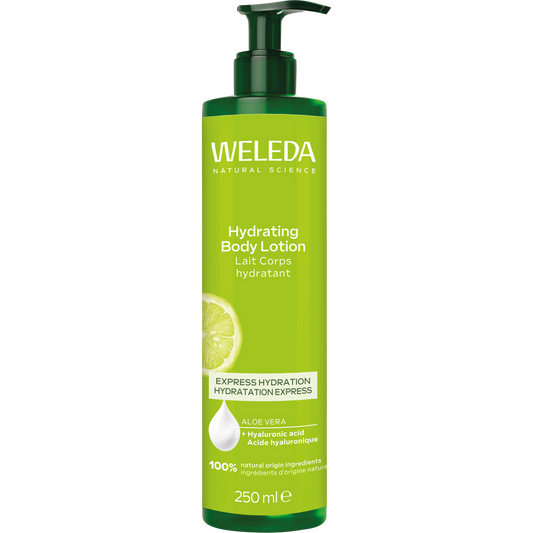 Front view of Weleda Hydrating Body Lotion 250ml bottle with Aloe Vera, featuring teal and green branding