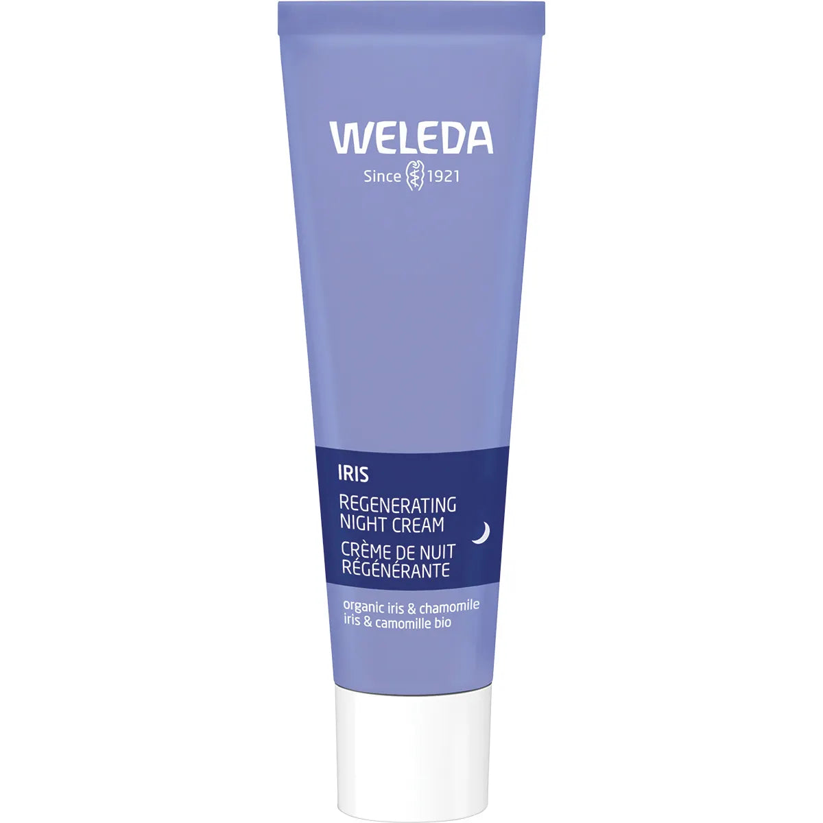 Purple 30ml tube of Weleda Iris Regenerating Night Cream on a white background.