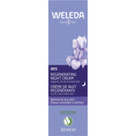 White box of Weleda Iris Regenerating Night Cream 30ml with purple iris illustrations on a white background.