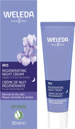 Weleda Iris Regenerating Night Cream 30ml tube and box featuring purple iris illustrations on a white background.