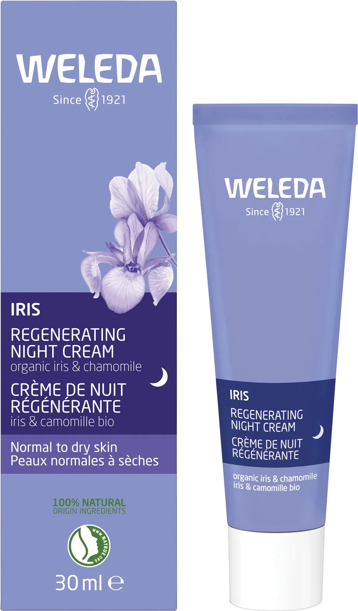 Weleda Iris Regenerating Night Cream 30ml tube and box featuring purple iris illustrations on a white background.