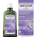 200ml glass bottle of Weleda Lavender Relaxing Bath Milk featuring a purple label with lavender illustrations.