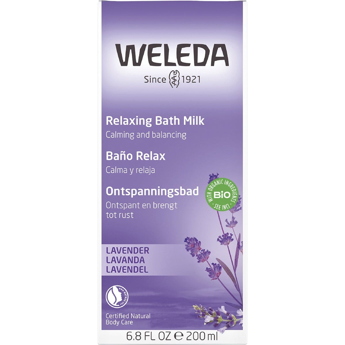 Front of the Weleda Lavender Relaxing Bath Milk box featuring a purple label with lavender illustrations.