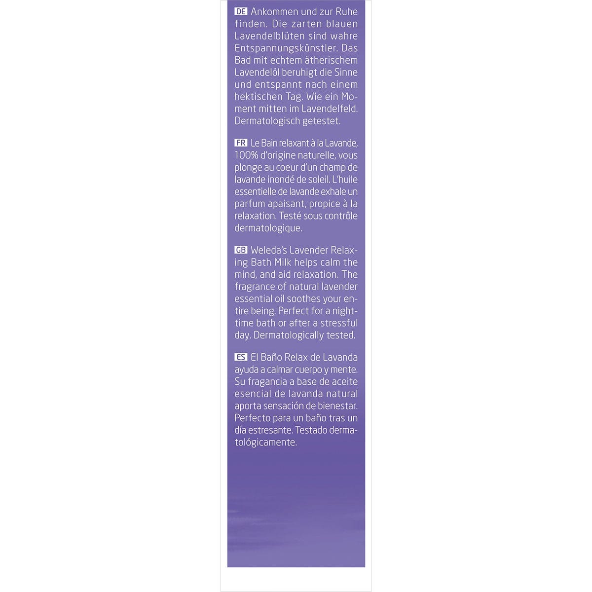 Left side of Weleda Lavender Relaxing Bath Milk box showing product description and usage instructions.