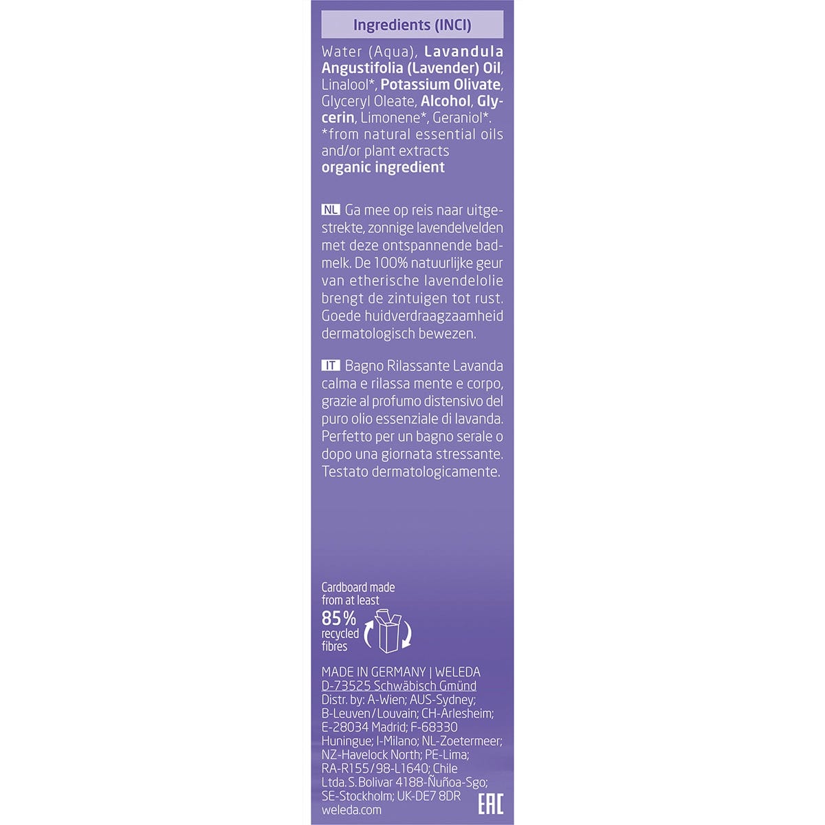Right side of Weleda Lavender Bath Milk box featuring a Spotify code and instructions for a bespoke bathroom playlist.