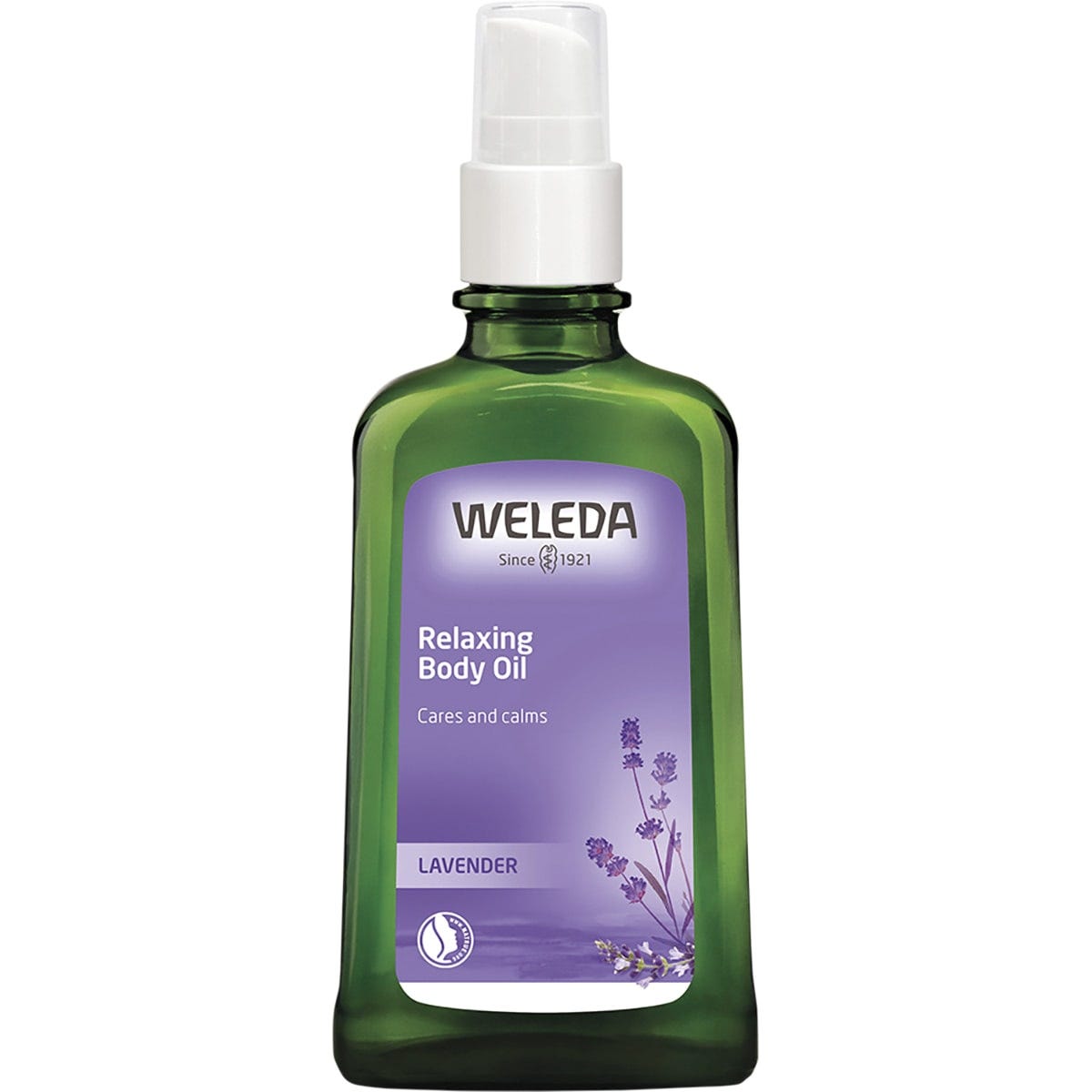 100ml glass bottle of Weleda Relaxing Body Oil Lavender featuring a purple label and silver pump.