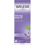 Purple box of Weleda Relaxing Body Oil Lavender featuring illustrations of lavender flowers and a 100ml label.