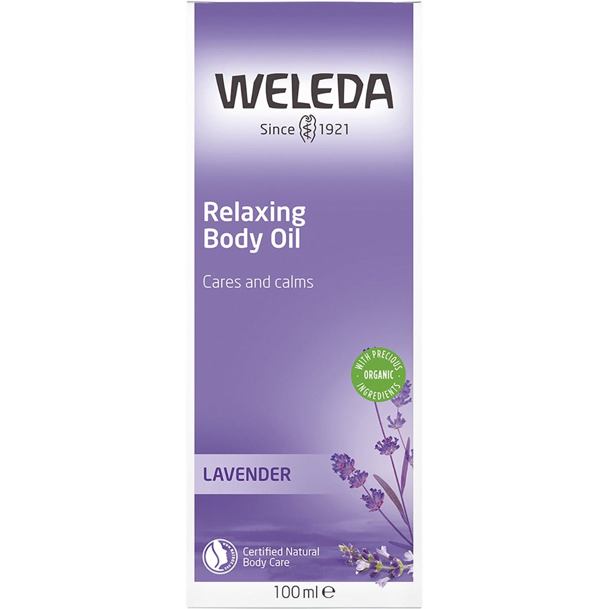 Purple box of Weleda Relaxing Body Oil Lavender featuring illustrations of lavender flowers and a 100ml label.