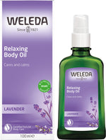 Weleda Relaxing Body Oil Lavender 100ml glass bottle and cardboard packaging with purple lavender illustrations.
