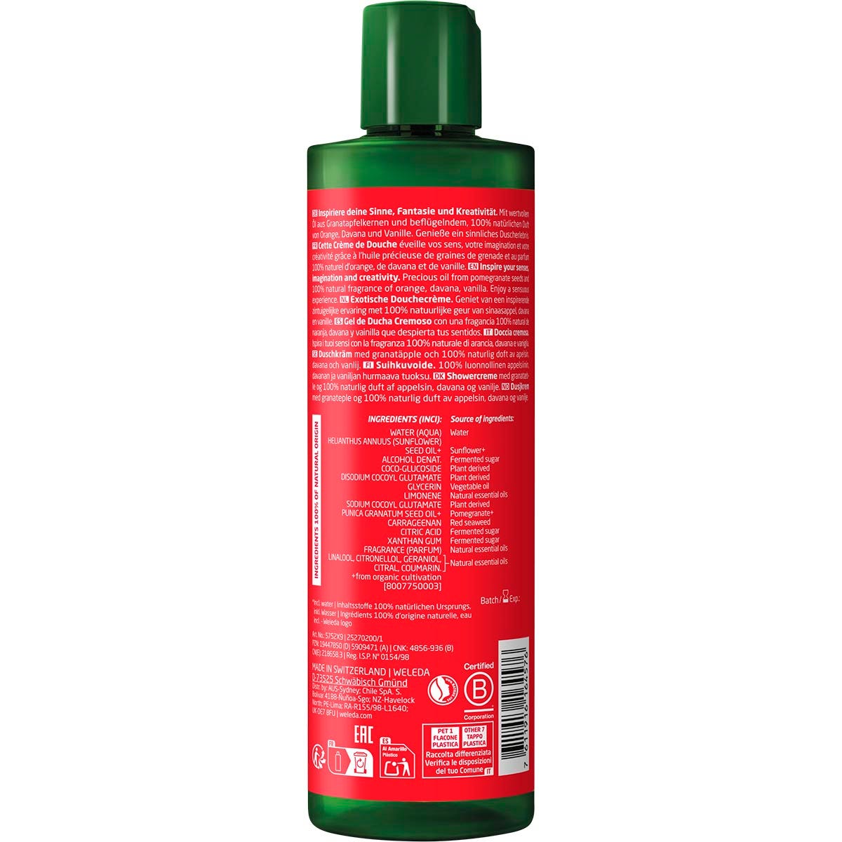 Back of Weleda Inspire Pomegranate Shower Cream 400ml bottle with ingredients and usage instructions.