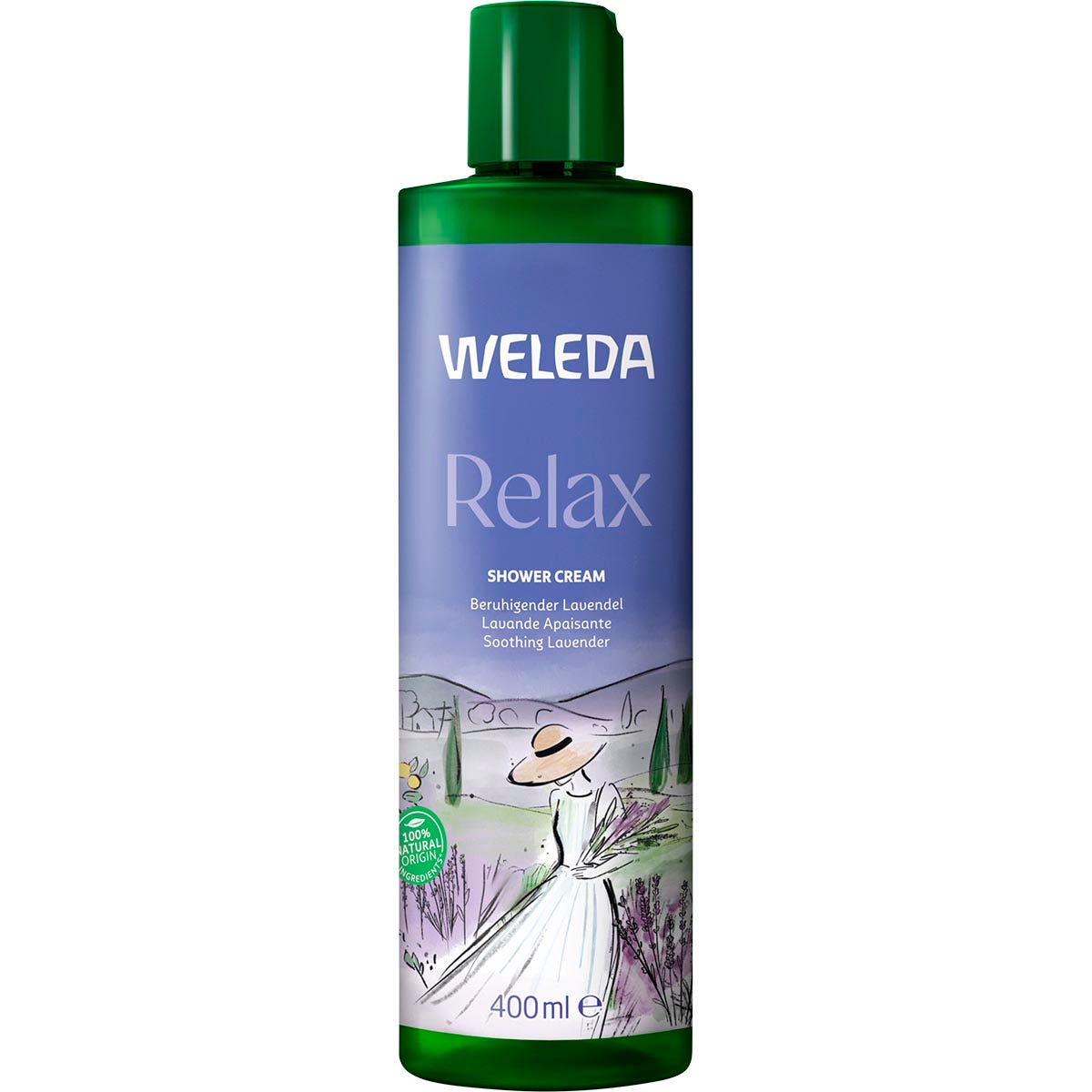 400ml bottle of Weleda Relax Lavender Shower Cream with organic sunflower oil and a calming lavender scent.