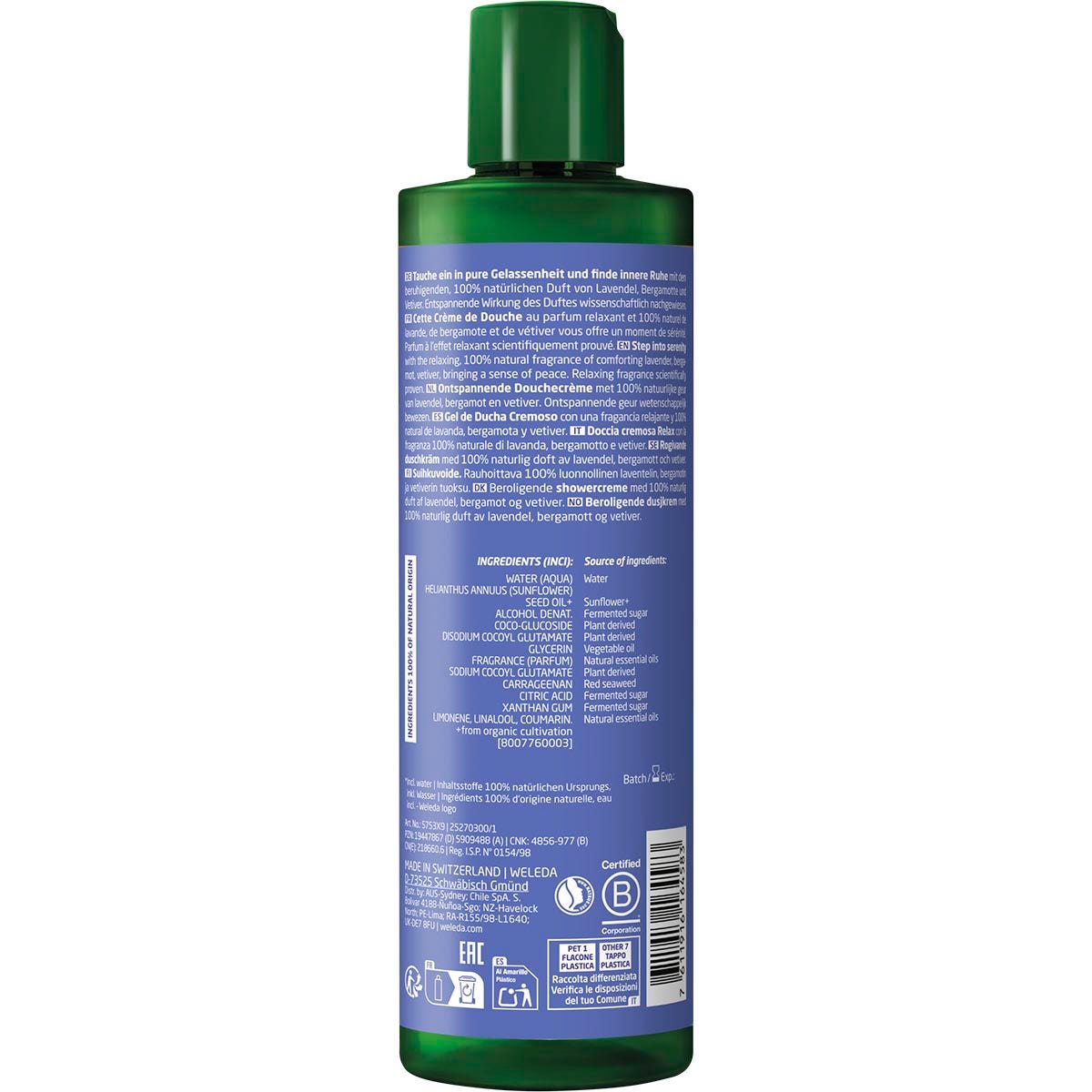 Back of Weleda Relax Lavender Shower Cream 400ml bottle with ingredients, usage, and sustainability information.